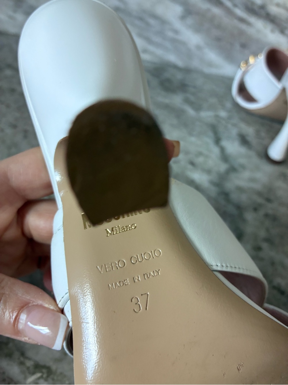 Moschino White Leather Crystal Logo Heel Slides - Picture 7 of 8